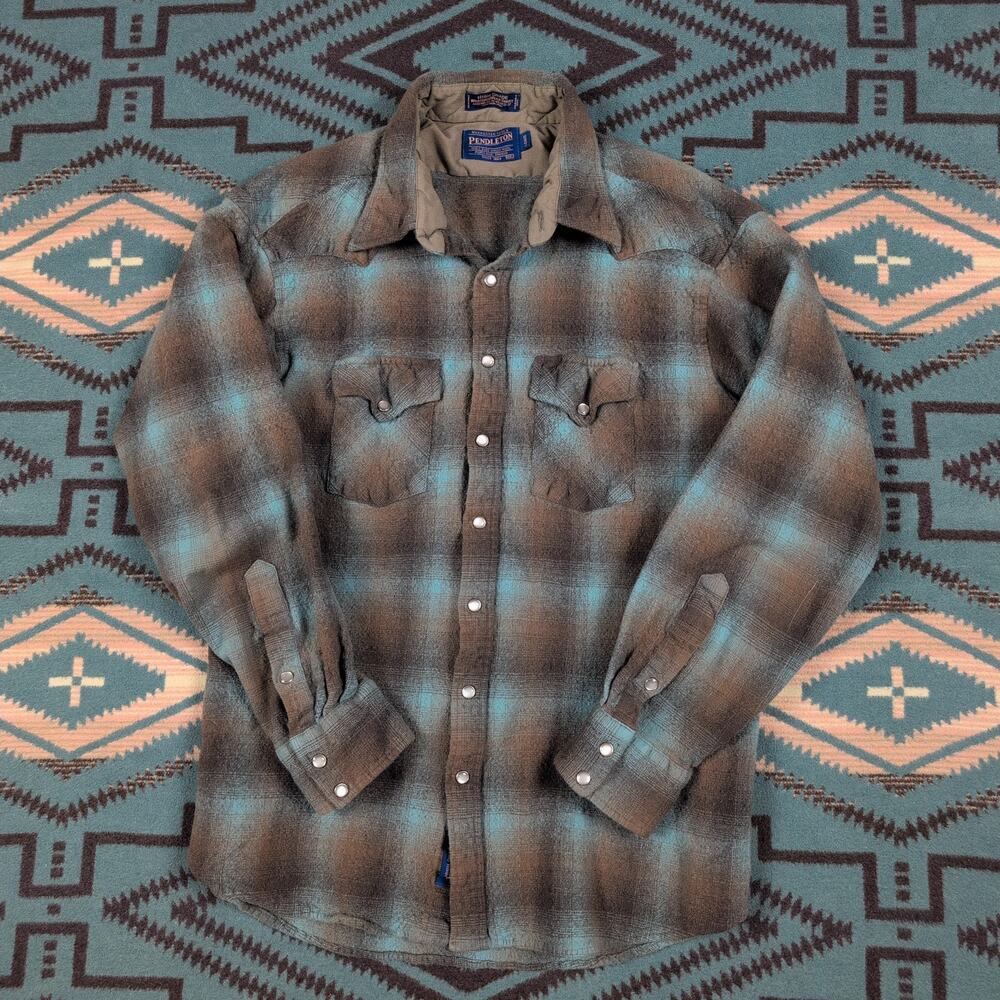 Pendleton High Grade Western Wear Wool Shirt Medium Pearl Snap Plaid Shrunk Size